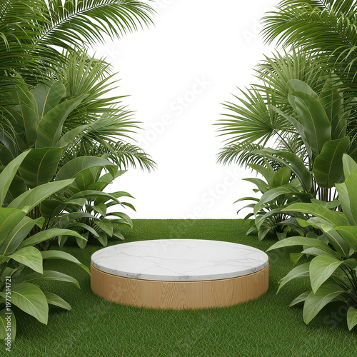 Round marble podium display with green tropical plants and grass