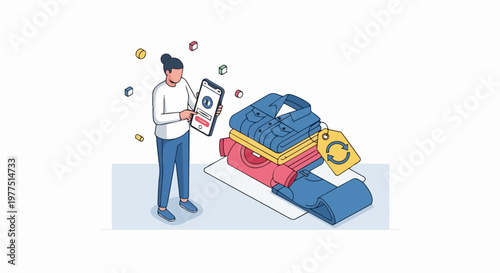 Sustainable Fashion and Reselling App Concept: Woman Listing Second-Hand Clothes on Smartphone Isometric Vector Illustration