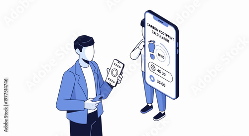 Isometric Vector Illustration of People Using a Carbon Footprint Calculator Mobile App to Track Environmental Impact and CO2 Emissions for Sustainable Living