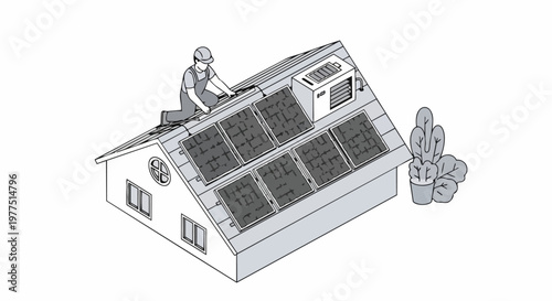 Isometric Illustration of Professional Technician Installing Solar Panels on a Residential House Roof for Sustainable Green Energy Solutions