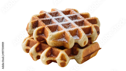 Golden brown Belgian waffles dusted with powdered sugar, isolated on transparent background