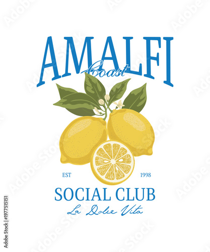 Schilderij op canvas Vintage Amalfi Coast Social Club Illustration - Retro Italian Summer Graphic wit
