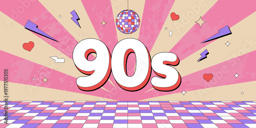 Retro 90s themed colorful graphic design with disco ball and decorative elements