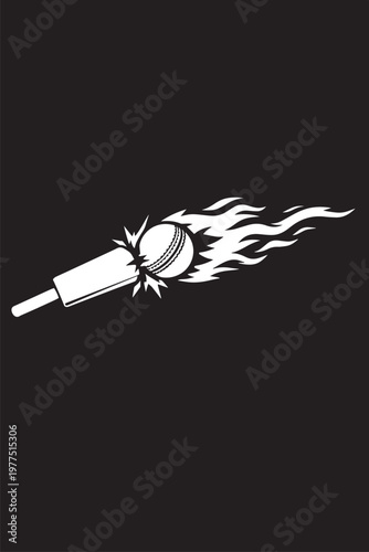 A black and white silhouette of a burning ball hit to the bat vector with black background