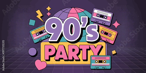 90s party graphic with cassette tapes and disco ball on purple background