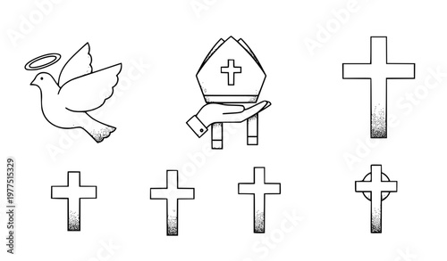set of religious symbols Minimal Religious Stipple Icon Vector Collection with Dove, Mitre, and Cross Symbols