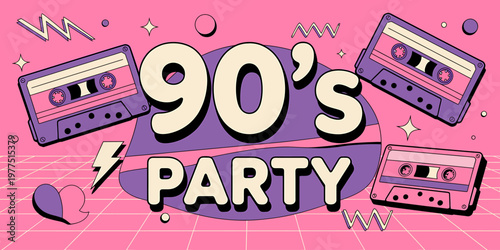 Nostalgic 90s party theme with cassette tapes and retro graphics elements