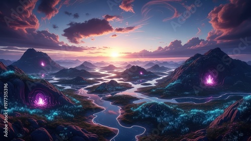 Wallpaper Mural Surreal landscape with glowing purple portals at sunset Torontodigital.ca