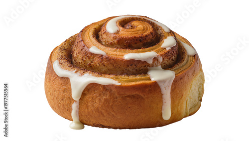 Golden brown cinnamon roll with drippy white icing, isolated on transparent background