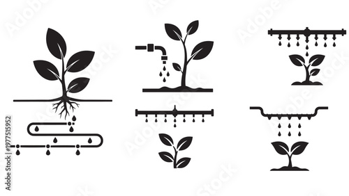 Drip Irrigation Line and Plant Icon — Minimal Black-and-White Solid Silhouette, Flat Vector, Isolated on White