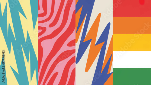 Vibrant abstract collage of four distinct colorful patterns and stripes