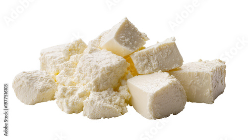 Fotografija Crumbled feta cheese cubes fresh and creamy, isolated on transparent background