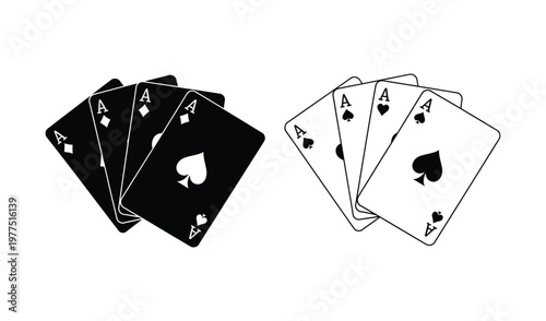 Black and white playing cards with aces on isolated white background for design and gaming concepts
