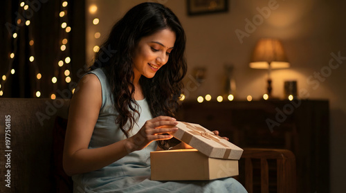 Smiling Young Woman Opening Gift Box at Home with Warm Festive Lights
