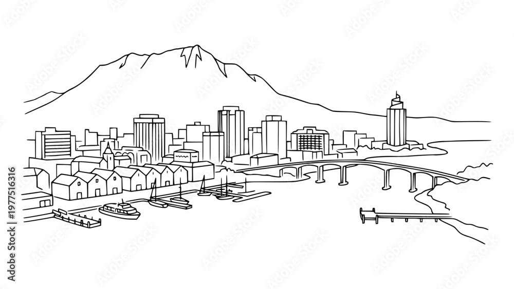 Fototapeta premium Hobart Tasmania Skyline Line Art Australia Coastal City Illustration