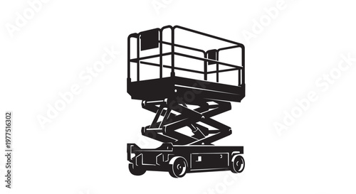 Scissor lift, aerial lift, construction equipment, industrial vehicle, black illustration