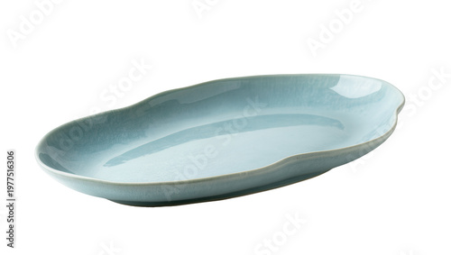 Bilde på lerret Light blue ceramic oval serving platter with organic shape, isolated on transpar