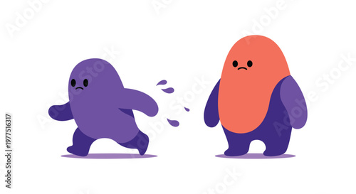 Cute cartoon characters, purple and orange creatures, emotive beings, vector illustrations