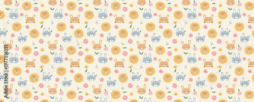 Cute Animal and Flower Line Art Seamless Pattern – Minimal Rabbits, Birds and Bees with Floral Elements
