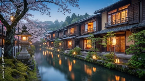 Wallpaper Mural Traditional Japanese Ryokans Along a Serene Canal at Dusk Torontodigital.ca