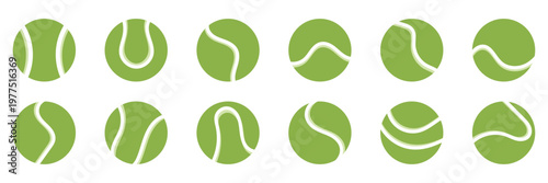 Vector icon set of tennis balls with different designs, symbolising sports, games, or recreational activities. Ideal for athletic themes. Editable stroke, vector illustration.