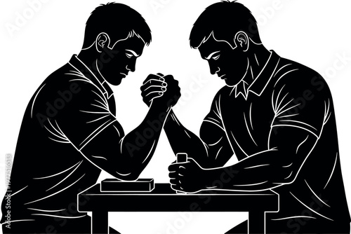 Intense arm wrestling match a black and white silhouette depicting strength and competition