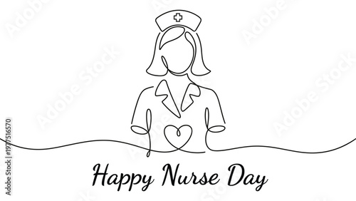 Happy nurse day line art illustration of nurse holding heart symbol representing healthcare care compassion medical support appreciation and nursing profession
