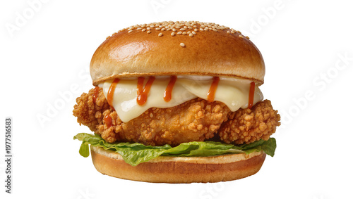 Crispy fried chicken burger with melted cheese and sauce, isolated on transparent background
