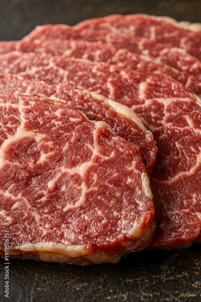 Obraz premium Freshly cut raw meat sits atop a table, ready for use