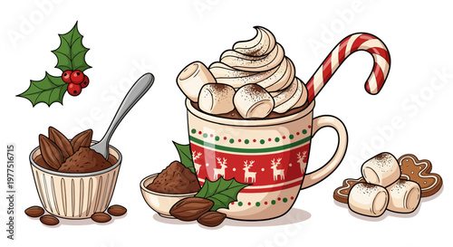 Christmas Hot Chocolate with Whipped Cream, Marshmallows and Candy Cane in Festive Mug Vector Illustration