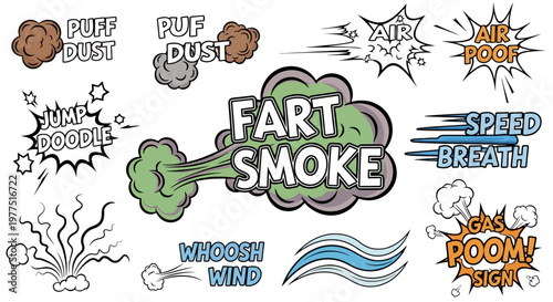 Comic Style Speech Bubbles and Sound Effects Set with Fart Smoke Dust Speed and Wind Graphics