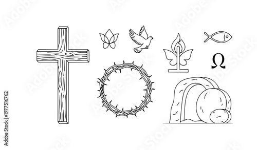 set of religious symbols Christian Crucifixion and Resurrection Line Icon Vector Set with Cross, Crown of Thorns, and Empty Tomb