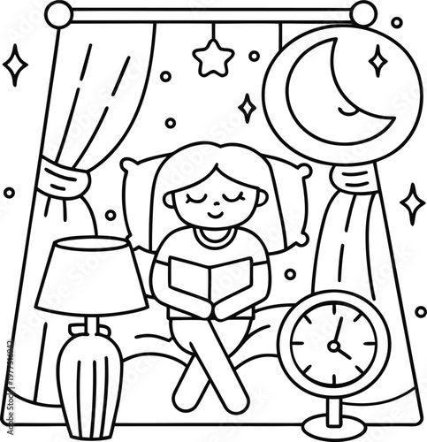 A child reading a book in bed before sleep with a clock and lamp nearby