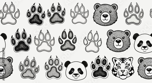 Hand-drawn wildlife pattern featuring bear, panda, and tiger heads with animal paw prints and claw tracks in a sketch style