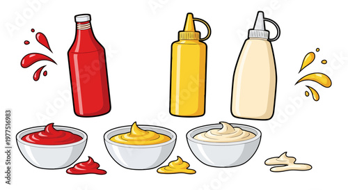 Vector illustration set of condiment bottles and bowls with ketchup, mustard, and mayonnaise sauces