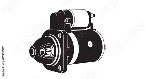 Car starter motor, automotive electrical, engine component, black and white vector
