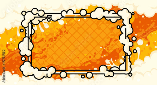 Beer Foam Border with Orange Splash and Grid Pattern Background Frame for Brewery and Pub Design