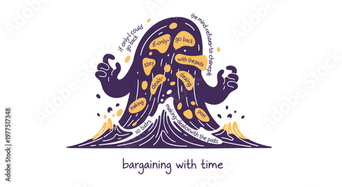 Illustrative monster, abstract creature, yellow spots, purple, bargaining with time, vector graphic