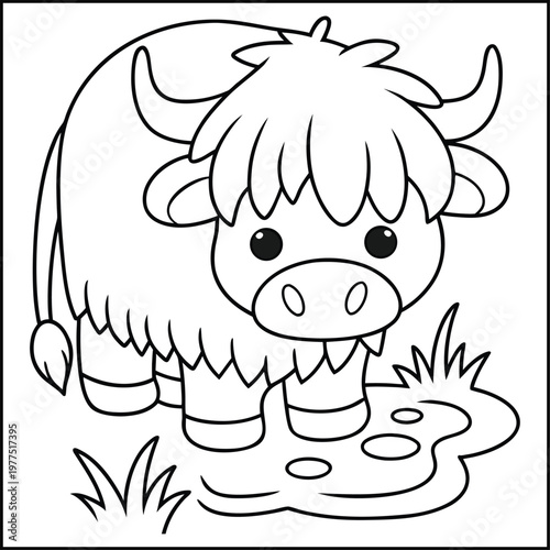 A cartoon highland cow stands in a puddle of water with grass around it