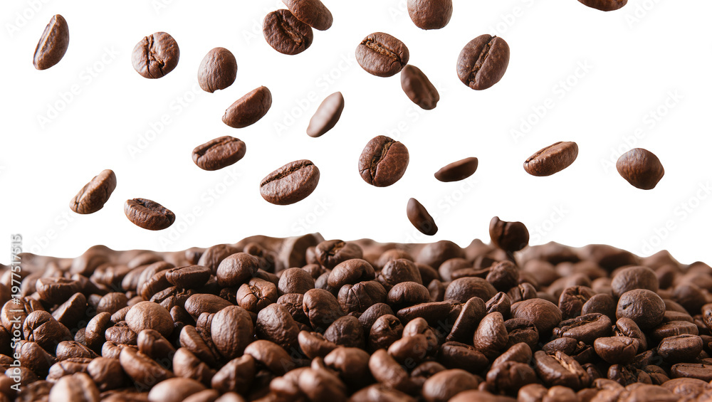 Obraz premium Roasted coffee beans falling into a pile, isolated on transparent background