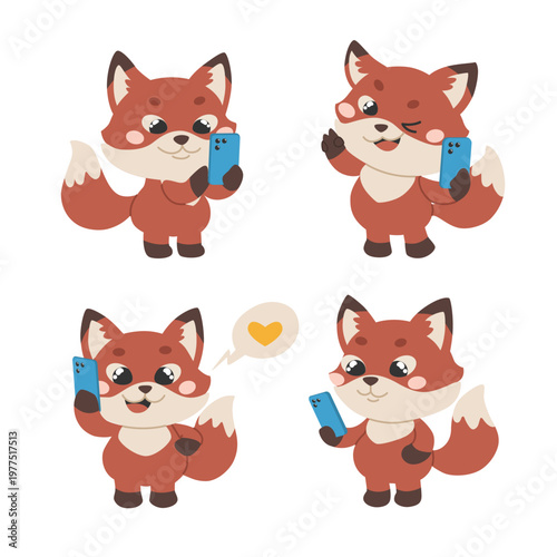 A cute fox with a phone. The character uses the device for communication. The fox chats, talks, scrolls, takes pictures, and watches videos.
