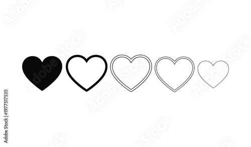 Collection of heart shapes in various line styles and thicknesses on white background