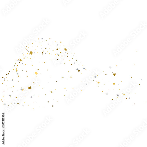 Arching trail of gold and silver star confetti on a white background. Festive glitter scatter illustration. Copy space for text