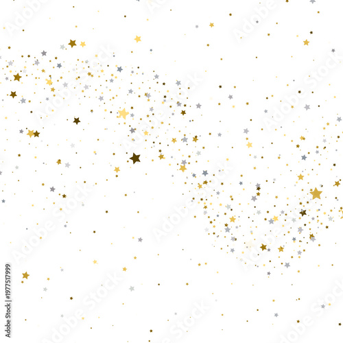 Dense wave of gold and silver star confetti on a white background. Flowing festive glitter trail illustration. Copy space for text