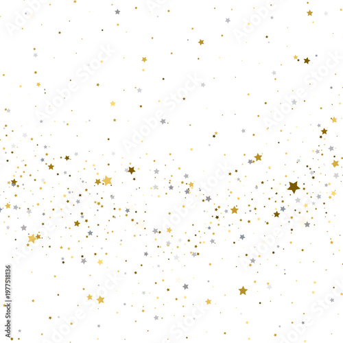 Abstract background with scattered gold and silver stars. Festive metallic confetti pattern on white. Copy space for text