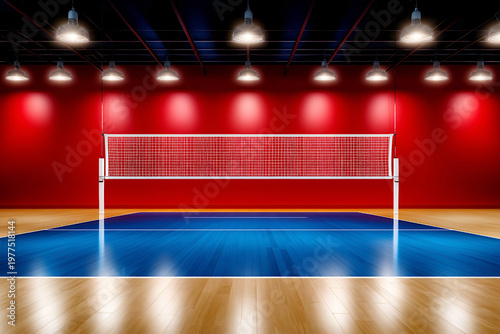Empty indoor volleyball court with a net, blue floor, and red walls lit by industrial ceiling lights