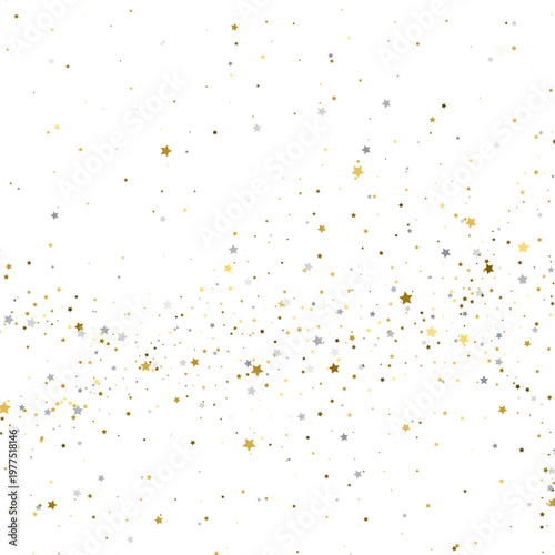 Festive background with gold and silver stars forming a wave. Metallic confetti scattered on white. Copy space for text
