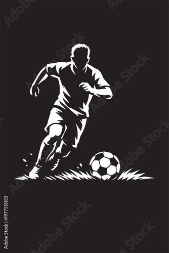  A black and white silhouette of a  football player run towards the ball for hit  on grass field vector with black background