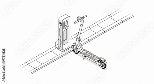 Isometric Line Art Illustration of an Electric Scooter at a Charging Station on a City Sidewalk