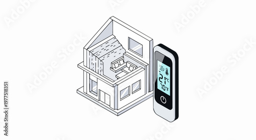 Smart Home Climate Control Isometric Illustration with Digital Thermostat and House Cross-Section for HVAC, Insulation, and Energy Efficiency